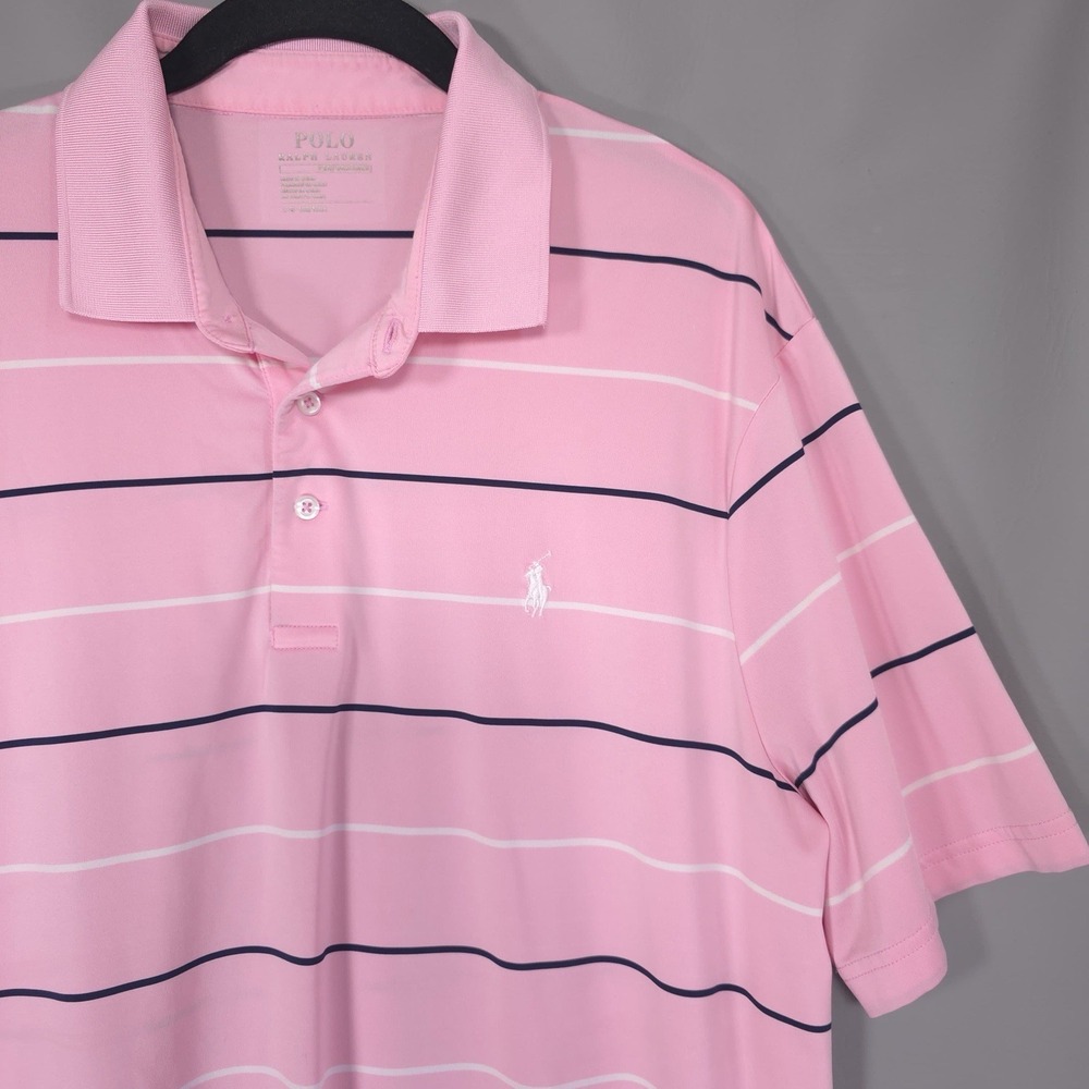 POLO RALPH LAUREN Men's LARGE Polo Shirt PERFORMANCE Striped Pink Stretch Golf